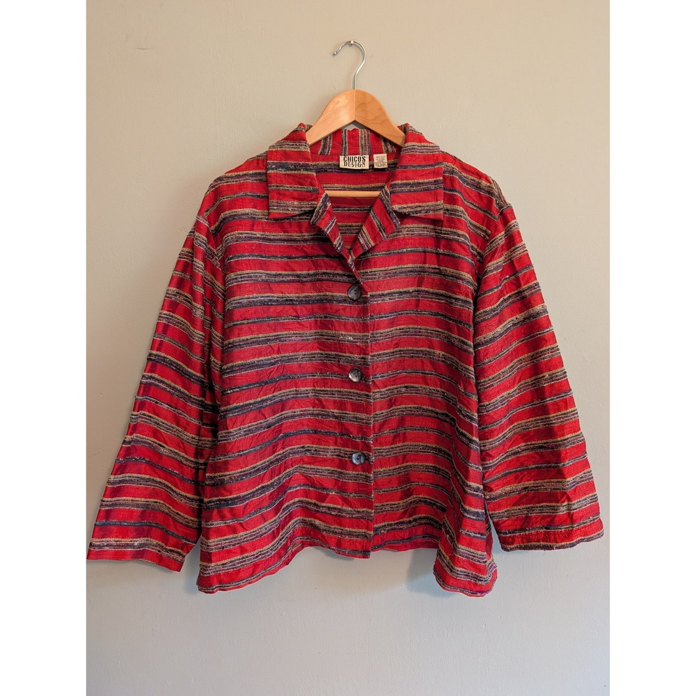 Chicos Design Vintage Red Striped Silk Blend Textured Button Jacket Sz 3 L/XL